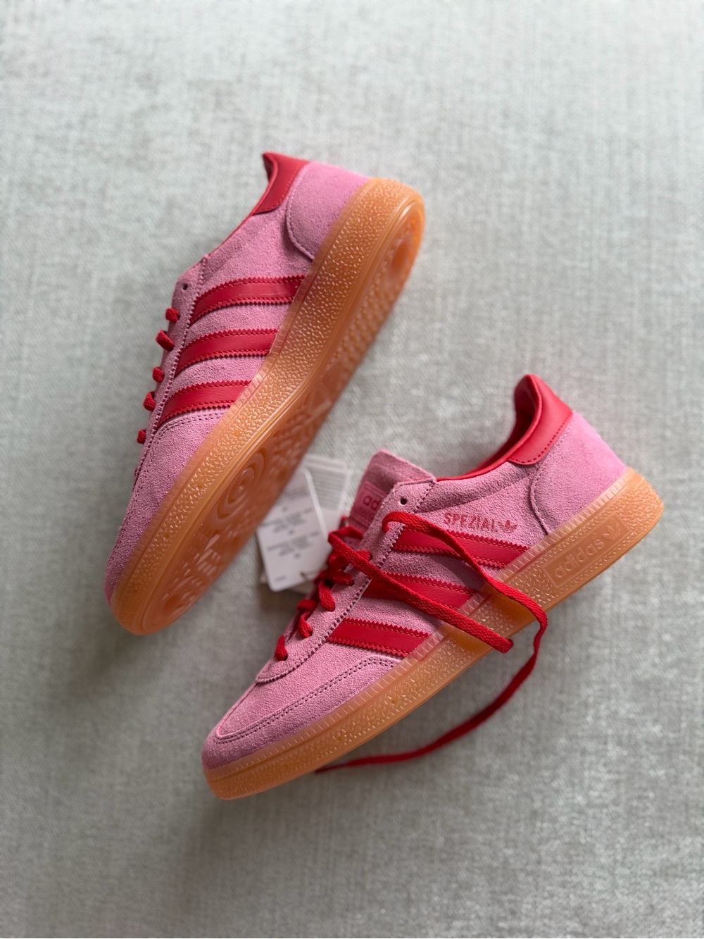 ADIDAS Spezial Pink Suede Sneakers with Red Accents and Gum Sole